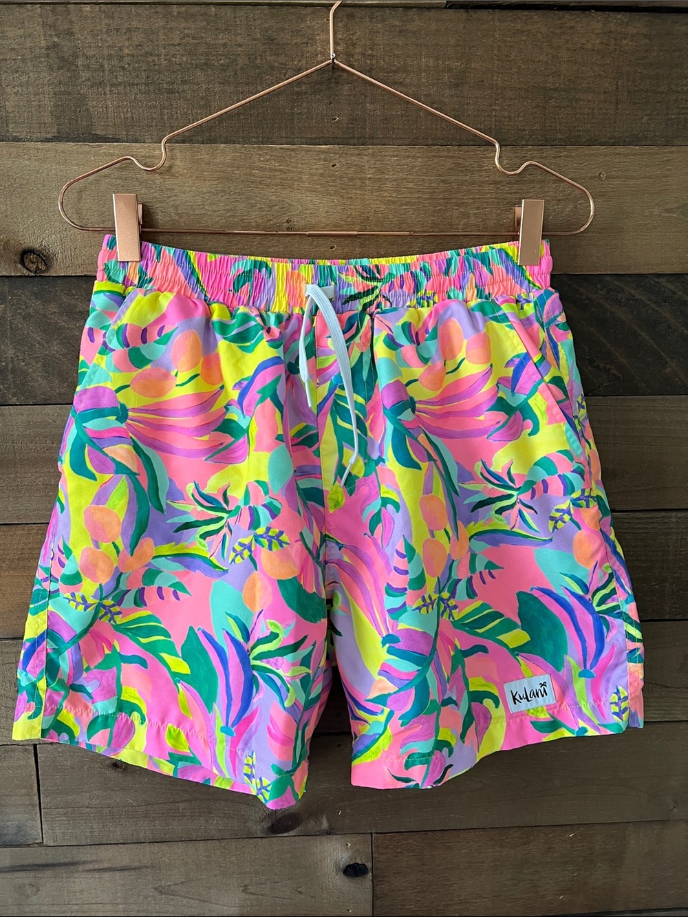Kulani Kinis Men's Neon Tropical Banana Print Swim Trunks Size Medium